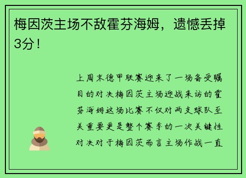 梅因茨主场不敌霍芬海姆，遗憾丢掉3分！